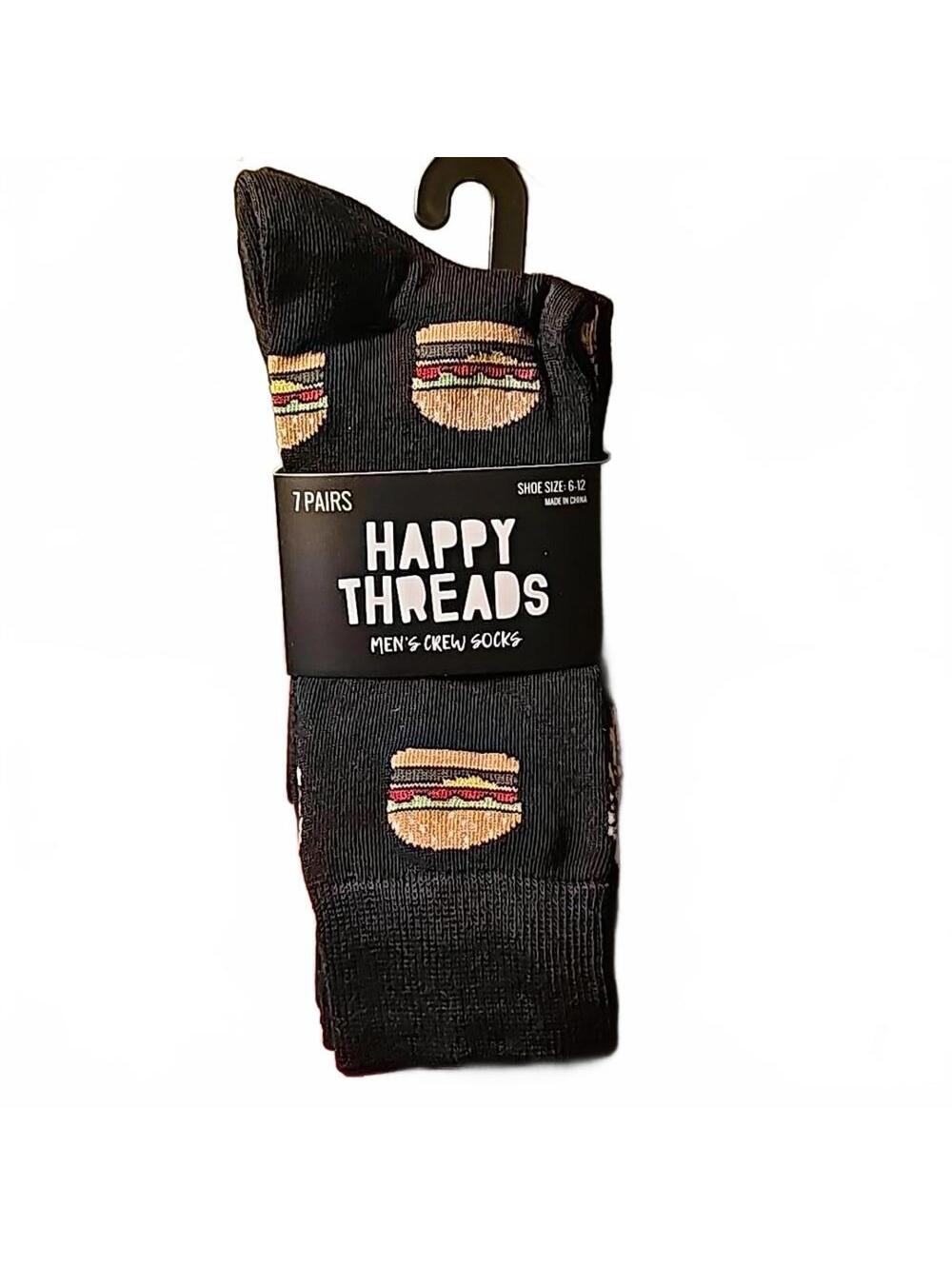 Happy threads men's fun food crew socks.  7 pair.  4 printed, 3 plain
